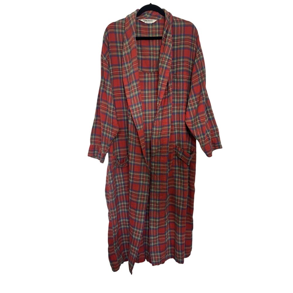 The Vermont Country Store Red Tartan Plaid Flannel Robe L/XL 52” Long No Belt